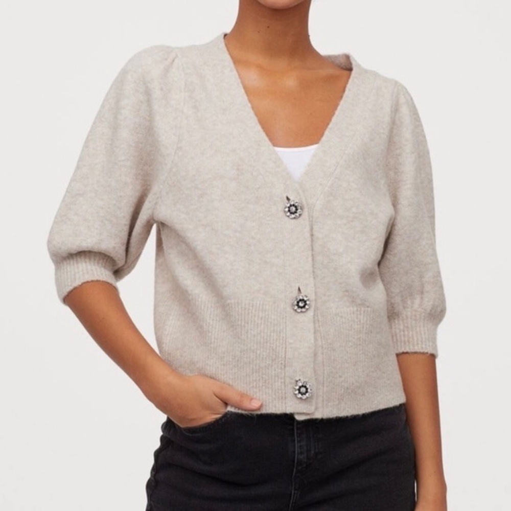 H&M Beige Short Sleeve Cardigan with Jeweled Buttons Size Small